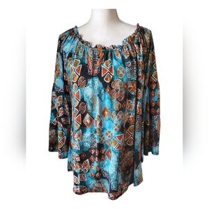 NWOT Dear Scarlett Teal Boho Chic Peasant Top Geometric Print 3/4 Sleeve Size L